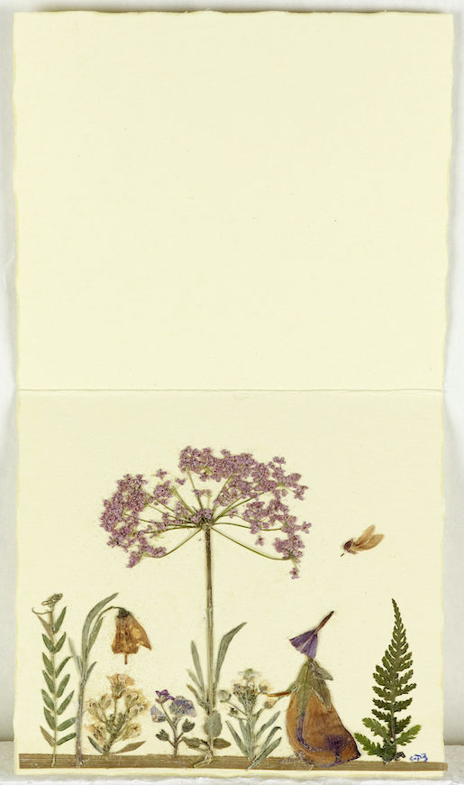 Bild: Olga Bücheli (Lebensdaten unbekannt), Ohne Titel (Frau unter Blütenbaum), 1984, Collage mit getrockneten Pflanzen, open art museum, Schenkung Hanna Uelliger